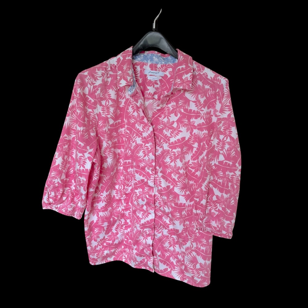 Foxcroft NYC Pink Tropical Palm Print Wrinkle Free Cotton Blouse 20W 3/4 Slv